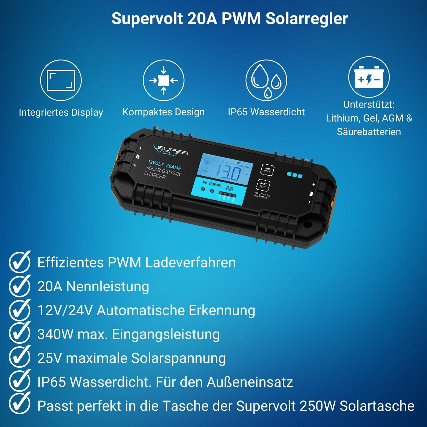 Supervolt PWM Solarregler 20 A – Detail